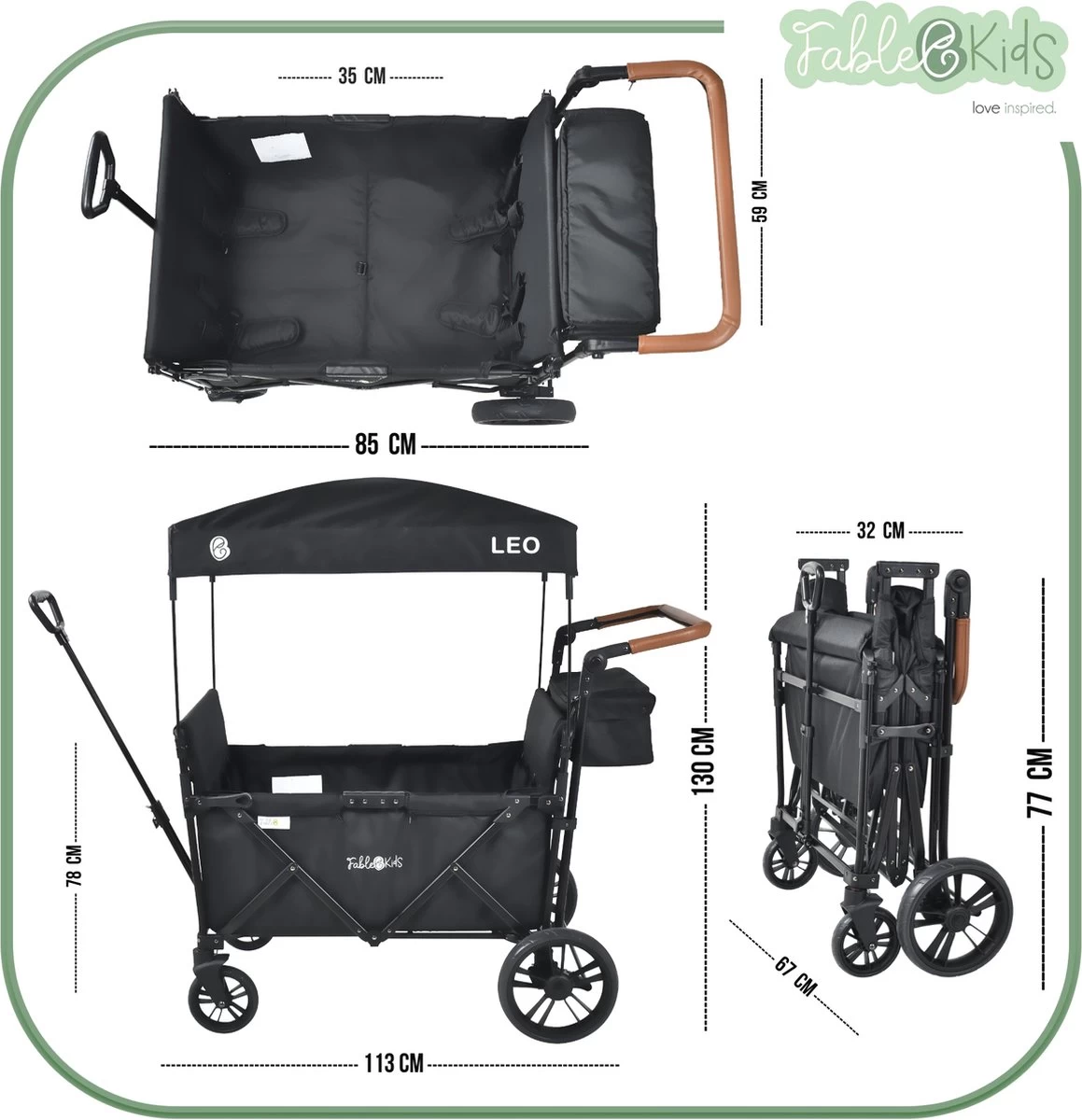 FableKids LEO X4Lite Opvouwbare Handkar Met Dak Onyx Zwart - Afbeelding 10
