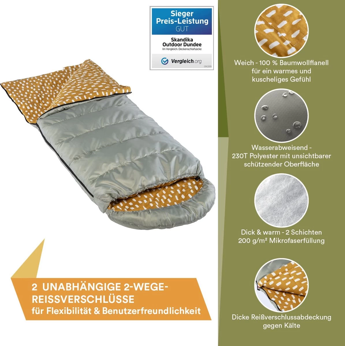 Skandika Dundee Flannel-R Slaapzak – Slaapzakken – Slaapzakken Volwassen - Maat M – Unisex - Katoen, Luxe Kwaliteit, Dubbele Slaapzak, 3 Seizoenen, Tot -20°C - 220 X 80 Cm - Outdoor Kampeerslaapzak – Ritssluiting Rechts - Grijs/geel - Afbeelding 3