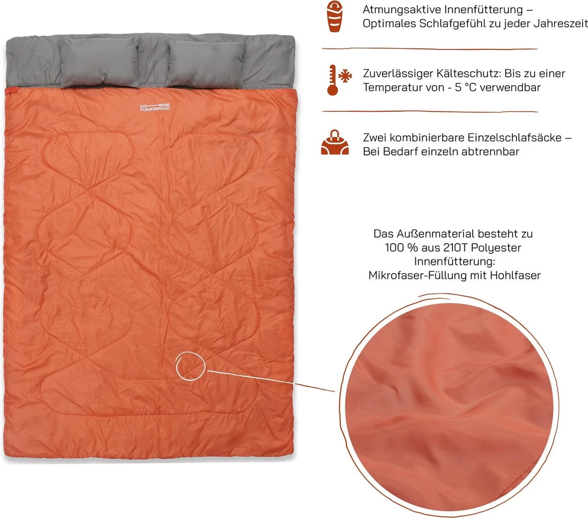 Where Tomorrow Double Slaapzak 220 X 150 Cm Diverse Kleuren - Oranje - Afbeelding 6