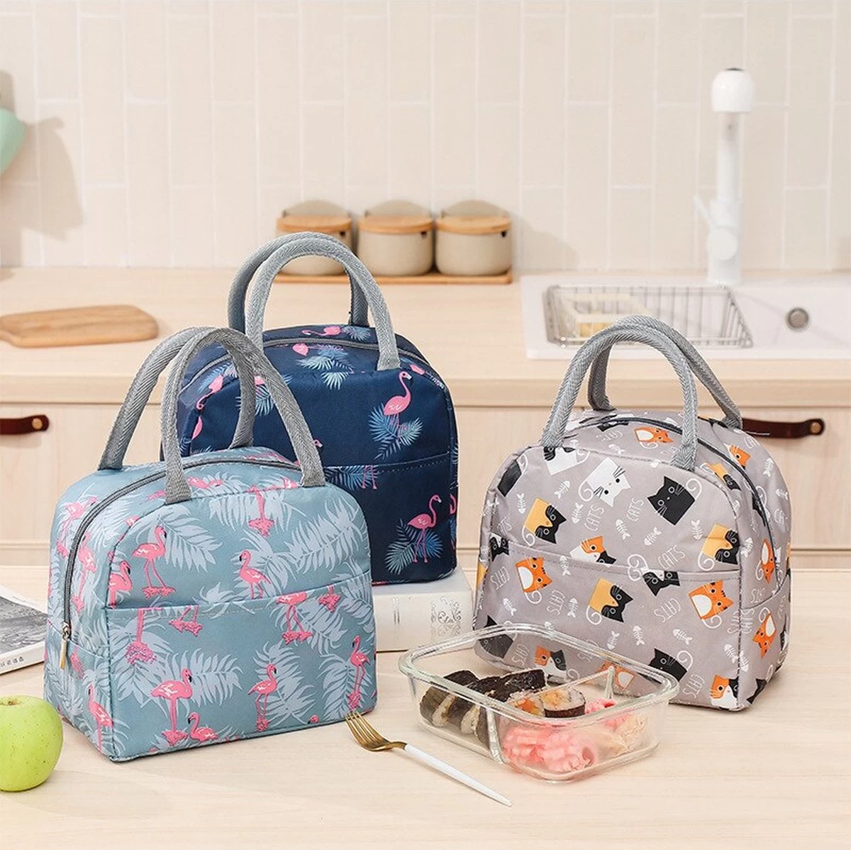 Koeltas - Lunchtas - Volwassenen En Kinderen - Compact & Handig: Zomer - Picknick -School - Lunch - Werk - Blauw Flamingo - Afbeelding 4