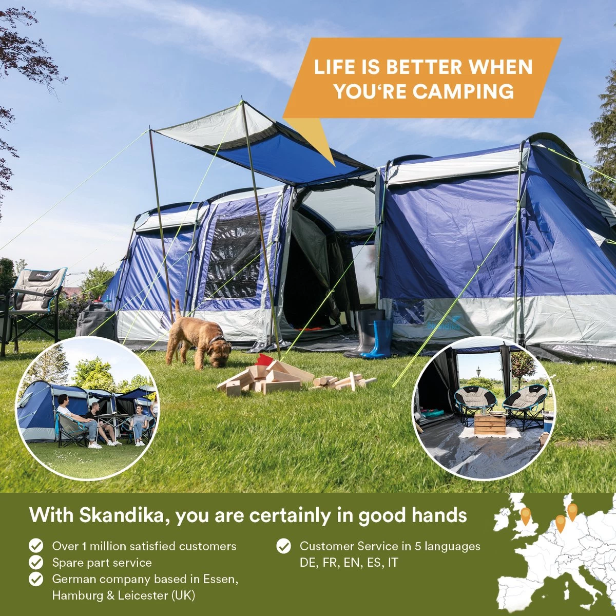 Skandika Montana 8 Sleeper Tent – Tunneltent – 8 Persoons Familietent - Campingtent – Sleeper Technology (2 Tot 4 Extra Donkere Slaapcabines) – Ingenaaide Tentvloer - Muggengaas – 700 X 310 X 200 Cm (LxBxH) – 5000mm Waterkolom – Kamperen – Blauw/wit - Afbeelding 7