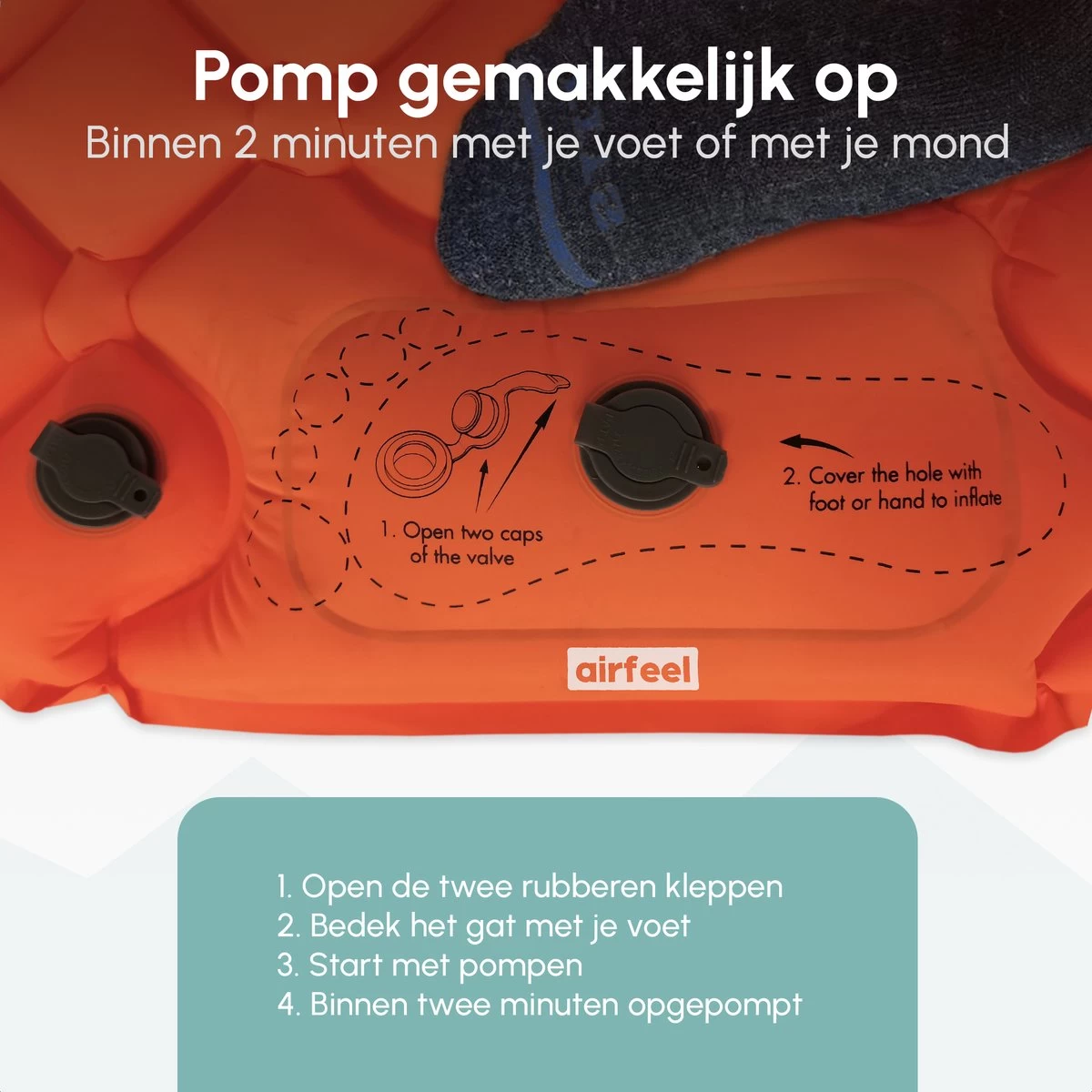 AirFeel Lichtgewicht Opsblaasbaar Slaapmatje - Ingebouwde Pomp En Kussen - 196 X 60 X 6 Cm - Orange - Afbeelding 2