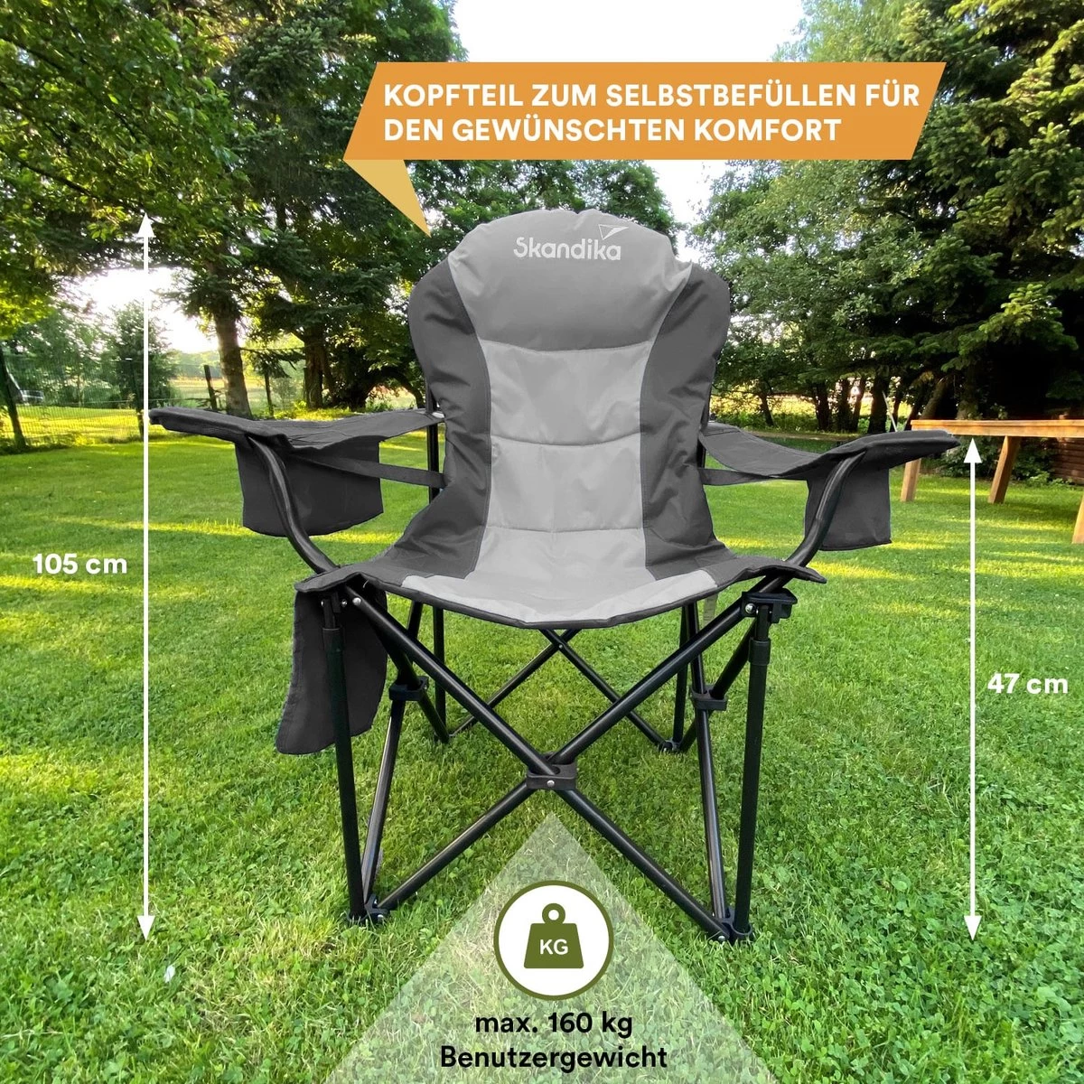 Skandika Relax Comfort Campingstoel - Campingstoel Opvouwbaar - Comfortabele Klapstoel Met Drinkhouder En Koelvak, Tot Max. 160 Kg, Opvouwbaar, Lichtgewicht | Vouwstoel Voor Kamperen, Camping, Festival, Vissen – Grijs - Afbeelding 7