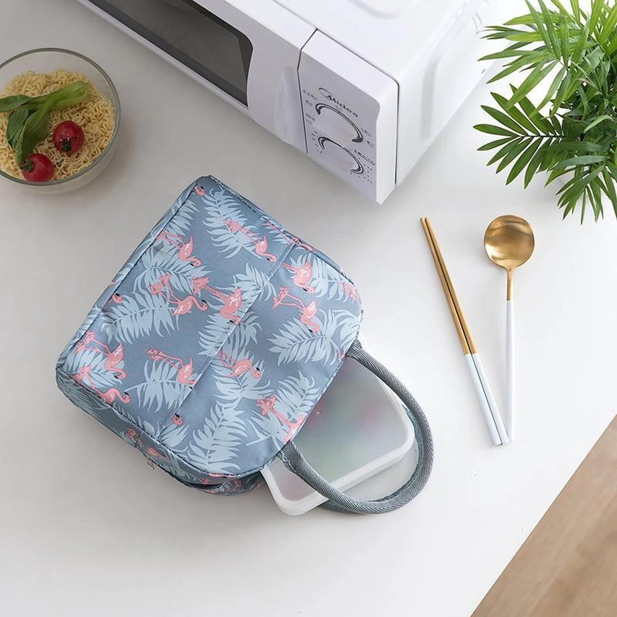 Koeltas - Lunchtas - Volwassenen En Kinderen - Compact & Handig: Zomer - Picknick -School - Lunch - Werk - Grijs Flamingo - Afbeelding 9